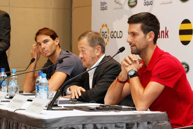 Tennis players Rafael Nadal of Spain (L) and Novak Djokovic of Serbia (R) attend a press conference, PK, Pressekonferenz next to Kazakh businessman Bulat Utemuratov (C), in Nur-Sultan, Kazakhstan, 24 October 2019. Both world champions will face each other on a charity tennis match later today. Nadal and Djokovic present charity match in Nur-Sultan !ACHTUNG: NUR REDAKTIONELLE NUTZUNG!  Copyright: xStanislavxFilippovx GRAF5997 20191024-637075105091052419