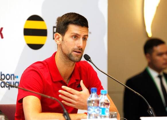 Tennis players Novak Djokovic of Serbia and Rafael Nadal of Spain (unseen) attend a press conference, PK, Pressekonferenz in Nur-Sultan, Kazakhstan, 24 October 2019. Both world champions will face each other on a charity tennis match later today. Nadal and Djokovic present charity match in Nur-Sultan !ACHTUNG: NUR REDAKTIONELLE NUTZUNG!  Copyright: xStanislavxFilippovx GRAF5998 20191024-637075105128708666