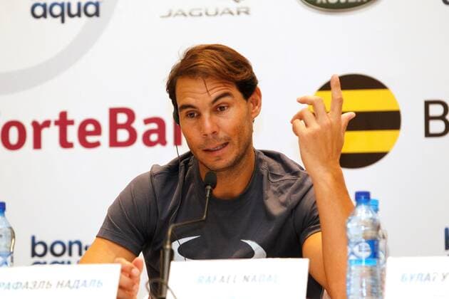 Tennis players Rafael Nadal of Spain and Novak Djokovic of Serbia (unseen) attend a press conference, PK, Pressekonferenz in Nur-Sultan, Kazakhstan, 24 October 2019. Both world champions will face each other on a charity tennis match later today. Nadal and Djokovic present charity match in Nur-Sultan !ACHTUNG: NUR REDAKTIONELLE NUTZUNG!  Copyright: xStanislavxFilippovx GRAF5994 20191024-637075105139646216