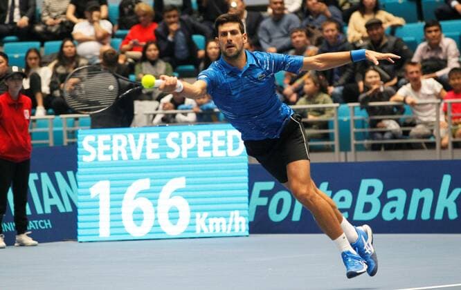 Tennis player Novak Djokovic of Serbia in action against Rafael Nadal of Spain during a charity tennis match at Barys Arena in Nur-Sultan, Kazakhstan, 24 October 2019. Nadal and Djokovic present charity match in Nur-Sultan !ACHTUNG: NUR REDAKTIONELLE NUTZUNG!  Copyright: xStanislavxFilippovx GRAF6268 20191024-637075365742488845