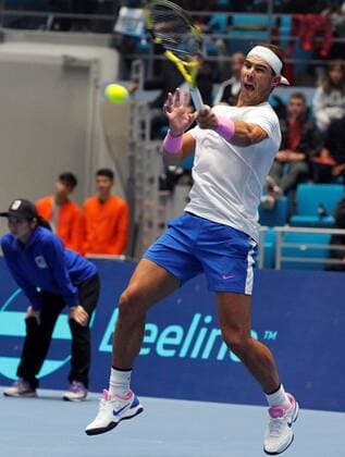 Tennis player Rafael Nadal of Spain in action against Novak Djokovic of Serbia during a charity tennis match at Barys Arena in Nur-Sultan, Kazakhstan, 24 October 2019. Nadal and Djokovic present charity match in Nur-Sultan !ACHTUNG: NUR REDAKTIONELLE NUTZUNG!  Copyright: xStanislavxFilippovx GRAF6277 20191024-637075366362087683