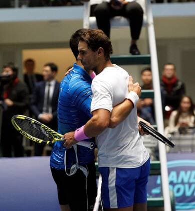 Tennis player Rafael Nadal of Spain (R) greets Novak Djokovic of Serbia (L) after their charity tennis match at Barys Arena in Nur-Sultan, Kazakhstan, 24 October 2019. Nadal and Djokovic present charity match in Nur-Sultan !ACHTUNG: NUR REDAKTIONELLE NUTZUNG!  Copyright: xStanislavxFilippovx GRAF6269 20191024-637075366402251713