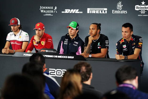 Photo4 LaPresse 24 10 2019 Mexico City, Mexico Grand Prix Formula One Mexico 2019 In the pic: press conference, PK, Pressekonferenz Antonio Giovinazzi (ITA) Alfa Romeo Racing C38, Sebastian Vettel (GER) Scuderia Ferrari SF90, Sergio Perez (MEX) Racing Point F1 Team RP19, Lewis Hamilton (GBR) Mercedes AMG F1 W10 and Alexander Albon (THA) Red Bull Racing RB15  Copyright: xPhoto4 LaPressex