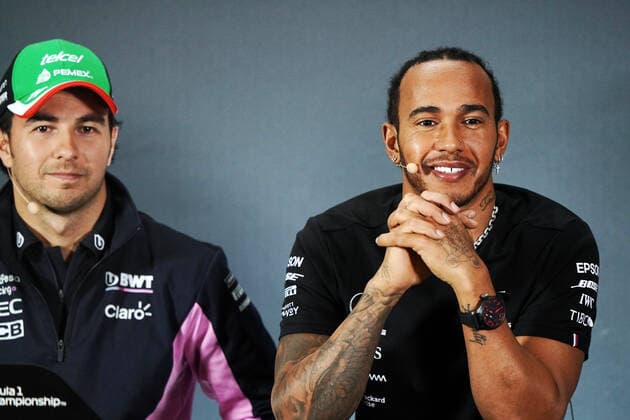 Photo4 LaPresse 24 10 2019 Mexico City, Mexico Grand Prix Formula One Mexico 2019 In the pic: Sergio Perez (MEX) Racing Point F1 Team RP19 and Lewis Hamilton (GBR) Mercedes AMG F1 W10  Copyright: xPhoto4 LaPressex