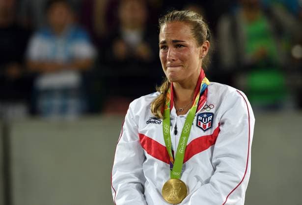 August 13, 2016 08 13 2016 Rio de Janeiro, Brazil Olympic Game in Rio, day 6, Final Tennis Monica Puig vs Angelique Kerber In photo Puig with gold medal Day 1 Olympic game, Volleyball, RIO 2016  - ZUMAd69_ 20160813_zaa_d69_001 Copyright: xAndrexKangx