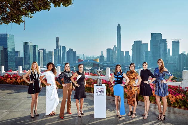 Sport Bilder des Tages SHENZHEN, CHINA - OCTOBER 25: (L-R) Petra Kvitova of the Czech Republic, Naomi Osaka of Japan, Elina Svitolina of Ukraine, Ashleigh Barty of Australia, Simona Halep of Romania, Bianca Andreescu of Canada, Belinda Bencic of Switzerland and Karolina Pliskova of the Czech Republic pose for a photo with the trophy during the 2019 WTA, Tennis Damen Finals official photo shoot ahead of the 2019 WTA Finals at Lotus Hill Park on October 25, 2019 in Shenzhen, Guangdong Province of China. Copyright: xVCGx CFP111256387766