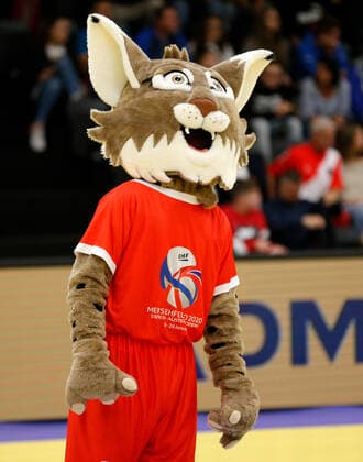 HANDBALL - AUT vs SRB, friendly match GRAZ,AUSTRIA,25.OCT.19 - HANDBALL - OEHB international match, Länderspiel, Nationalmannschaft Austria vs Serbia, test match. Image shows the mascot Winnie. GEPAxpictures xDavidxRodriguez