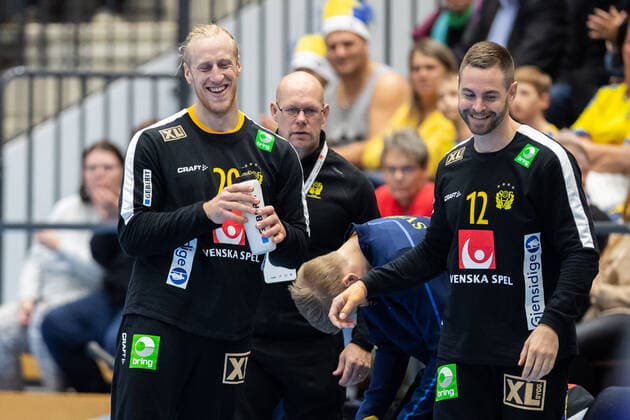 191025 goalkeeper Mikael Appelgren and goalkeeper Andreas Palicka of Sweden during the international friendly Handball match between Sweden and Iceland on October 25, 2019 in Kristianstad,  Copyright: MATHILDAxAHLBERG BB191025BB509