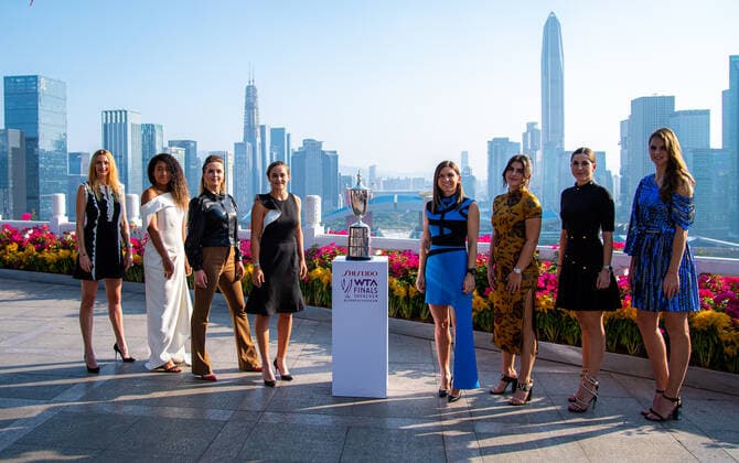 October 25, 2019, Shenzhen, CHINA: Petra Kvitova of the Czech Republic, Naomi Osaka of Japan, Elina Svitolina of the Ukraine, Ashleigh Barty of Australia, Simona Halep of Romania, Bianca Andreescu of Canada, Belinda Bencic of Switzerland & Karolina Pliskova of the Czech Republic at the iconic photo shoot ahead of the 2019 WTA, Tennis Damen Finals tennis tournament 2019 WTA Finals, Tennis, Shenzhen, China, Oct 25 - ZUMAa181 20191025_zaa_a181_035 Copyright: xAFP7x