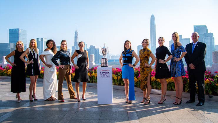 October 25, 2019, Shenzhen, CHINA: Petra Kvitova of the Czech Republic, Naomi Osaka of Japan, Elina Svitolina of the Ukraine, Ashleigh Barty of Australia, Simona Halep of Romania, Bianca Andreescu of Canada, Belinda Bencic of Switzerland & Karolina Pliskova of the Czech Republic at the iconic photo shoot ahead of the 2019 WTA, Tennis Damen Finals tennis tournament 2019 WTA Finals, Tennis, Shenzhen, China, Oct 25 - ZUMAa181 20191025_zaa_a181_033 Copyright: xAFP7x