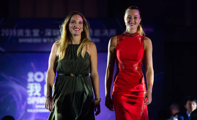October 25, 2019, Shenzhen, CHINA: Timea Babos of Hungary & Kristina Mladenovic of France during the draw gala of the 2019 WTA, Tennis Damen Finals tennis tournament 2019 WTA Finals, Tennis, Shenzhen, China, Oct 25 - ZUMAa181 20191025_zaa_a181_119 Copyright: xAFP7x