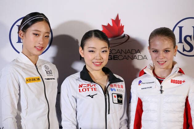 (L to R) Young You (KOR), ?Rika Kihira (JPN), Alexandra Trusova (RUS), OCTOBER 25, 2019 - Figure skating, Eiskunstlauf : ISU Grand Prix of Figure Skating 2019 2020 2019 Skate Canada International Women s press conference, PK, Pressekonferenz at Prospera Place, Kelowna, Canada. Noxthirdxpartyxsales  (115162828)