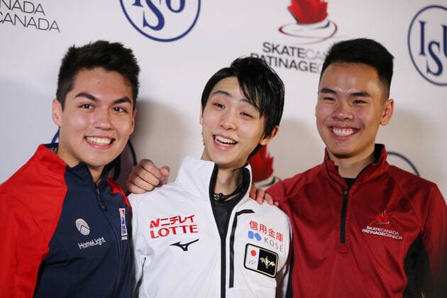 (L to R) Camden Pulkinen (USA), Yuzuru Hanyu (JPN), Nam Nguyen (CAN), OCTOBER 25, 2019 - Figure skating, Eiskunstlauf : ISU Grand Prix of Figure Skating 2019 2020 2019 Skate Canada International Men s press conference, PK, Pressekonferenz at Prospera Place, Kelowna, Canada. Noxthirdxpartyxsales  (115175802)