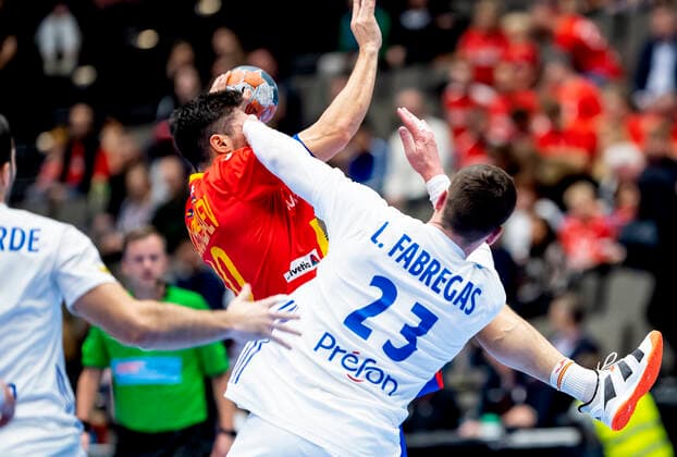 Ludovic Fabrigas 23 of France and Alex Dujshebaev 10 of Spain during the men s Handball Golden League Match between France and Spain at Gigantium Arena, Aalborg, Denmark, Saturday Oct 26, 2019 , Aalborg,  Copyright: FotografxRenéxSchütze RenéxSchützex cop104 spdk20191026-142514-L