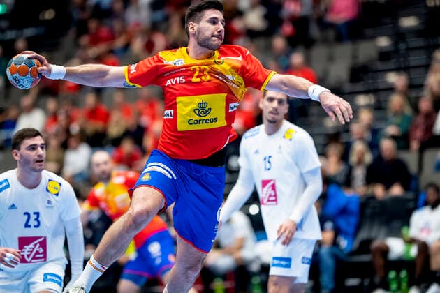 Ludovic Fabrigas 23 of France and Abel Serdio Guntin 23 of Spain during the men s Handball Golden League Match between France and Spain at Gigantium Arena, Aalborg, Denmark, Saturday Oct 26, 2019 , Aalborg,  Copyright: FotografxRenéxSchütze RenéxSchützex cop104 spdk20191026-142517-L
