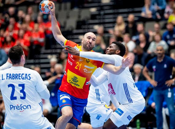 Ludovic Fabrigas 23 , Dika Mem 10 of France and Joan Canellas 21 of Spain during the men s Handball Golden League Match between France and Spain at Gigantium Arena, Aalborg, Denmark, Saturday Oct 26, 2019 , Aalborg,  Copyright: FotografxRenéxSchütze RenéxSchützex cop104 spdk20191026-142521-L
