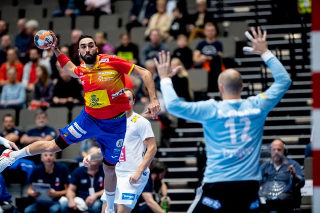 Vincent Gerard 12 of France and Valero Rivera 7 of Spain during the men s Handball Golden League Match between France and Spain at Gigantium Arena, Aalborg, Denmark, Saturday Oct 26, 2019 , Aalborg,  Copyright: FotografxRenéxSchütze RenéxSchützex cop104 spdk20191026-142536-L