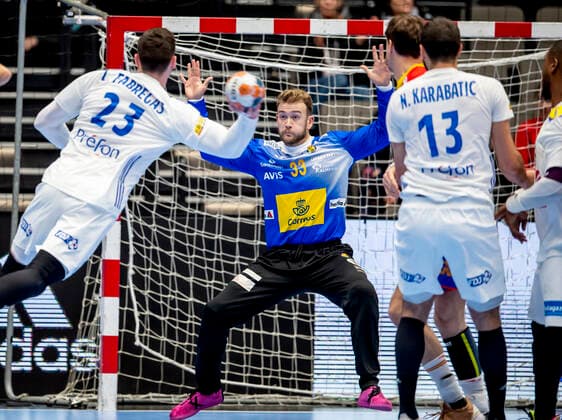 Ludovic Fabrigas 23 of France and Gonzalo Perez De Vargas 33 of Spain during the mens Handball Golden League Match between France and Spain at Gigantium Arena, Aalborg, Denmark, Saturday Oct 26, 2019 France wins after penalty, Aalborg,  Copyright: FotografxRenéxSchütze RenéxSchützex cop104 spdk20191026-155227-L