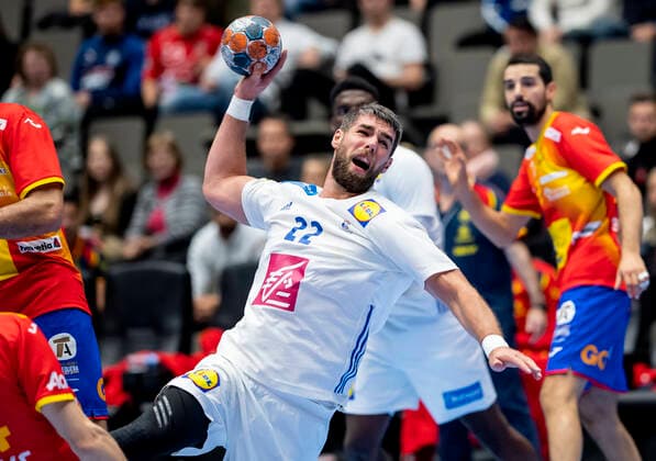 Luka Karabatic 22 of France andViran Morros 24 of Spain during the mens Handball Golden League Match between France and Spain at Gigantium Arena, Aalborg, Denmark, Saturday Oct 26, 2019 France wins after penalty, Aalborg,  Copyright: FotografxRenéxSchütze RenéxSchützex cop104 spdk20191026-155949-L