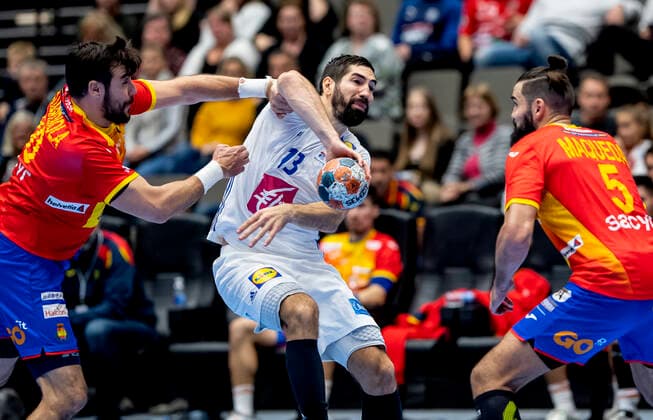 Nikola Karabatic 13 of France and Gedeon Guardiola 30, Jorge Maqueda 5 of Spain during the mens Handball Golden League Match between France and Spain at Gigantium Arena, Aalborg, Denmark, Saturday Oct 26, 2019 France wins after penalty, Aalborg,  Copyright: FotografxRenéxSchütze RenéxSchützex cop104 spdk20191026-155957-L