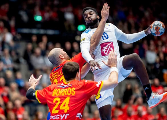 Dika Mem 10 of France and Joan Canellas 21, Viran Morros 24 of Spain during the mens Handball Golden League Match between France and Spain at Gigantium Arena, Aalborg, Denmark, Saturday Oct 26, 2019 France wins after penalty, Aalborg,  Copyright: FotografxRenéxSchütze RenéxSchützex cop104 spdk20191026-160034-L