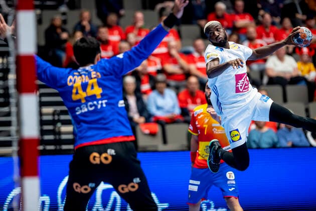 Luc Abalo 19 of France and Rodrigo Corrales 44 of Spain during the mens Handball Golden League Match between France and Spain at Gigantium Arena, Aalborg, Denmark, Saturday Oct 26, 2019 France wins after penalty, Aalborg,  Copyright: FotografxRenéxSchütze RenéxSchützex cop104 spdk20191026-160049-L