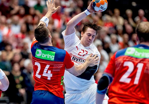 Denmarks Michael Damgaard 27 and Norways Christian O Sullivan 24 in the Golden League match in mens handball between Denmark and Norway, in Gigantium Saturday, October 26, 2019 15 19 at the break, Aalborg,  Copyright: FotografxRenéxSchütze RenéxSchützex cop101 spdk20191026-170218-L