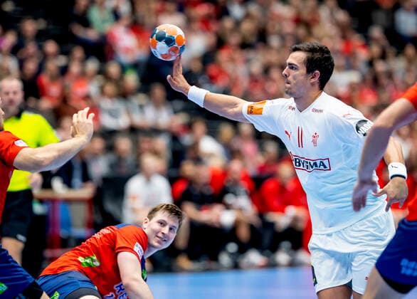 Denmarks Rasmus Lauge 11 and the Norwegian Golden League match in mens handball between Denmark and Norway, in Gigantium Saturday 26 October 2019 15 19 at break, Aalborg Denmark,  Copyright: FotografxRenéxSchütze RenéxSchützex cop101 spdk20191026-170227-L
