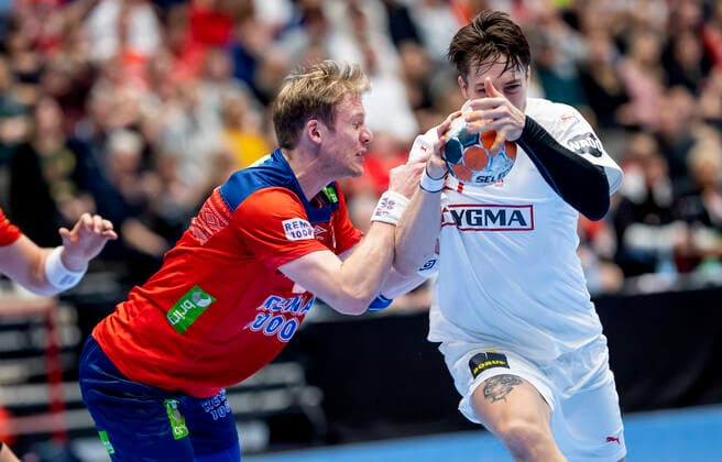 Denmarks Michael Damgaard 27 and Norways William Aar 18, Magnus Joendal 17 in the Golden League match in mens handball between Denmark and Norway, in Gigantium Saturday, October 26, 2019 15 19 at the break, Aalborg,  Copyright: FotografxRenéxSchütze RenéxSchützex cop101 spdk20191026-170314-L