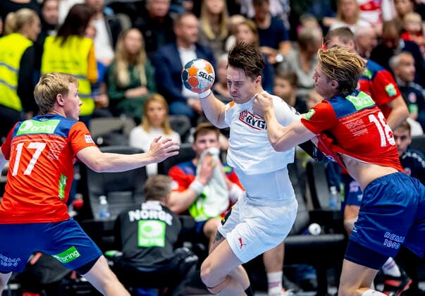 Denmarks Michael Damgaard 27 and Norways William Aar 18, Magnus Joendal 17 in the Golden League match in mens handball between Denmark and Norway, in Gigantium Saturday, October 26, 2019 15 19 at the break, Aalborg,  Copyright: FotografxRenéxSchütze RenéxSchützex cop101 spdk20191026-170318-L