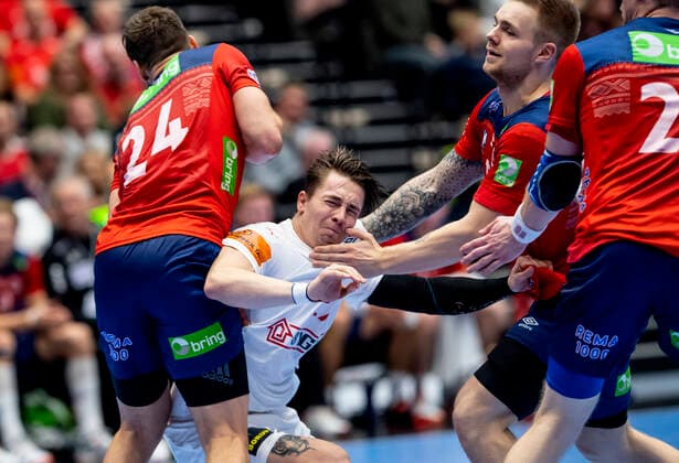 Denmarks Michael Damgaard 27 and Norways Christian O Sullivan 24 in the Golden League match in mens handball between Denmark and Norway, in Gigantium Saturday, October 26, 2019 15 19 at the break, Aalborg Denmark,  Copyright: FotografxRenéxSchütze RenéxSchützex cop101 spdk20191026-170359-L
