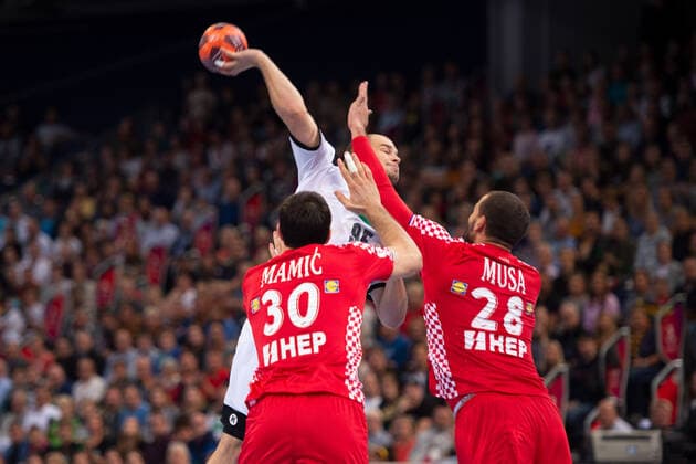 Hanover, Germany 26 10 2019 Day of Handball 2019 International match Germany vs. Croatia L R Marino Maric Croatia , Paul Drux Germany , Zeljko Musa Croatia Hanover Lower Saxony Germany TUI Arena