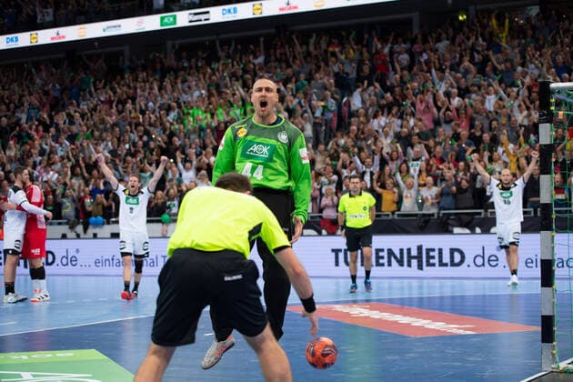 Hanover, Germany 26 10 2019 Day of Handball 2019 International match Germany vs. Croatia Dario Quenstedt Germany cheers for his last seven-meter victory Hanover Lower Saxony Germany TUI Arena