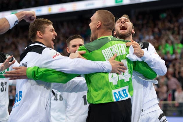 Hanover, Germany 26 10 2019 Day of Handball 2019 International match Germany vs. Croatia M Dario Quenstedt Germany cheers after his last seven-meter held to victory with L Fabian Böhm Germany , R Marcel Schiller Germany Hanover Lower Saxony Germany TUI Arena