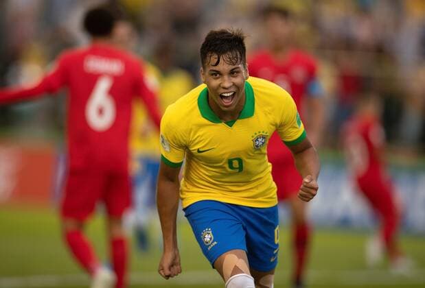 The Brazilian player Kaio Jorge celebrates during their World Cup U-17 soccer match between national soccer teams of Brazil and Canada, at Bezerrao stadium in Brasilia, Brasil, 26 October 2019. Brazil vs. Canada !ACHTUNG: NUR REDAKTIONELLE NUTZUNG!  Copyright: xJoedsonxAlvesx AME6212 20191027-637077354955398898