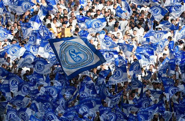 Veltins Arena Gelsenkirchen, 26 10 2019, 1 Soccer Bundesliga Season 2019 20, 9 Matchday, Schalke 04 S04 vs Borussia Dortmund BVB Schalke Fans with many blue Schalke flags DFL REGULATIONS PROHIBIT ANY USE OF PHOTOGRAPHS AS IMAGE SEQUENCES AND OR QUASI VIDEO