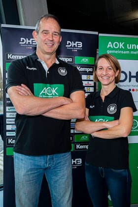 Stuttgart, Germany 29 October 2019 DHB Women Press Conference World Cup Japan v left Coach Henk Groener Germany , Team Manager Maren Baumbach Germany Stuttgart Scharrena Baden Württemberg Germany