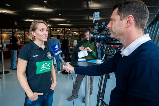 Stuttgart, Germany 29 October 2019 DHB Women Press Conference World Cup Japan Team Manager Maren Baumbach Germany on Regio TV Interview Stuttgart Scharrena Baden Württemberg Germany