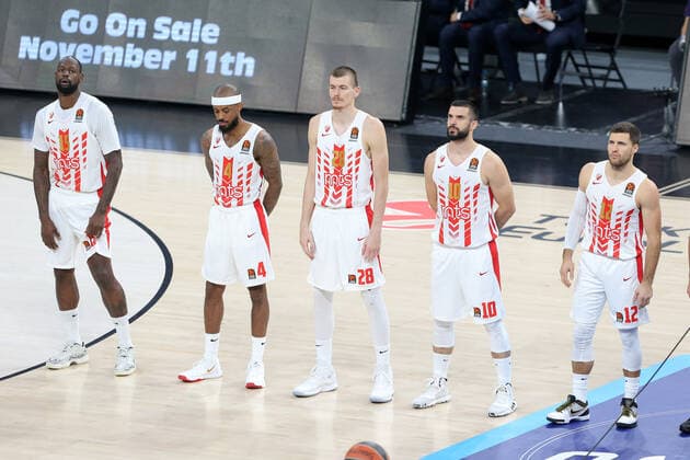 James Gist 15 , Lorenzo Brown 4 ,Borisa Simanic 28 , Branko Lazic 10 and Billy Baron 12 of Crvena Zvezda during the 2019-2020 Turkish Airlines Euroleague match between Anadolu Efes and Crvena Zvezda at Sinan Erdem Arena in Istanbul , Turkey on October 29 , 2019. 