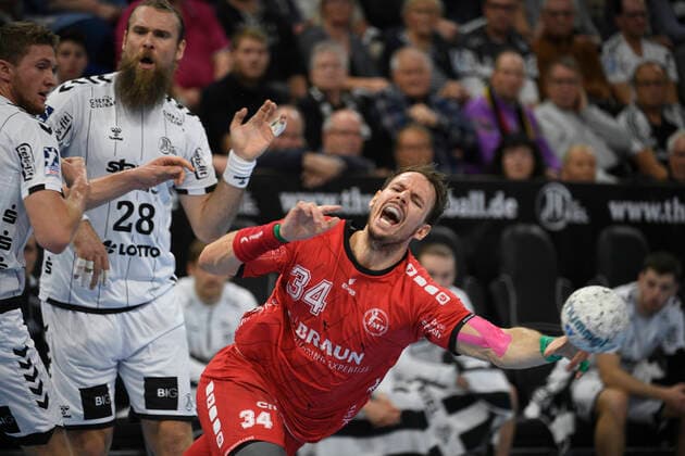 Kai Häfner Melsungen against Magnus Landin Jacobsen THW Kiel , Handball Bundesliga, Liqui Moly HBL, Men, 11 Matchday, THW Kiel vs Melsungen, 31 10 19 Kiel Sparkassen Arena Schleswig Holstein Germany