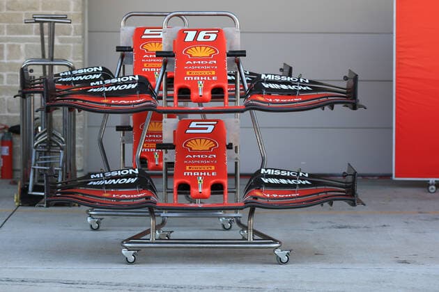 31st October 2019; Circuit of the Americas, Austin, Texas, United States of America; F1 United States Grand Prix, team arrival day; Front wings belonging to the Scuderia Ferrari team - Editorial Use  ActionPlus12182277 LeannexBoon