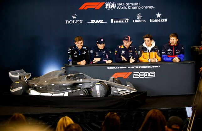Motorsports: FIA Formula One World Championship, WM, Weltmeisterschaft 2019, Grand Prix of United States, 63 George Russell (GBR, ROKiT Williams Racing), 18 Lance Stroll (CAN, Racing Point F1 Team), 33 Max Verstappen (NLD, Aston Martin Red Bull Racing), 4 Lando Norris (GBR, McLaren F1 Team), 10 Pierre Gasly (FRA, Red Bull Toro Rosso Honda), Austin United States of America