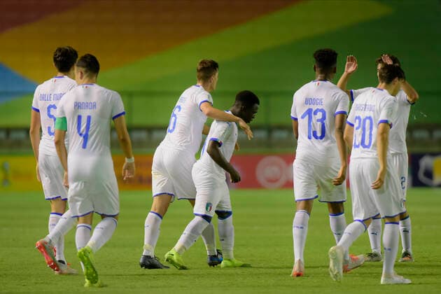 Sub 17 Mexico e Itália BRASÍLIA, DF - 31.10.2019: SUB 17 MEXICO E ITÁLIA - Degnand Gnonto scores for Italy during Under 17 Mexico and Italy. Match valid for the FIFA U17, U 17 World Cup group stage. Bezerrão Stadium in Brasilia, DF. (Photo: Reinaldo Reginato Fotoarena) x1823635x  ReinaldoxReginato
