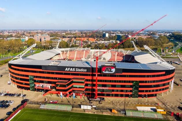 ALKMAAR, 30-10-2019, The collapsed roof at the AZ AFAS Stadium is getting repaired. A big section of the roof is removed in order te replace with new elements. Aerial photography. Taken with a drone or plane. AFAS Stadium from the air. AFAS Stadium AZ from the air  x5082719x Copyright: