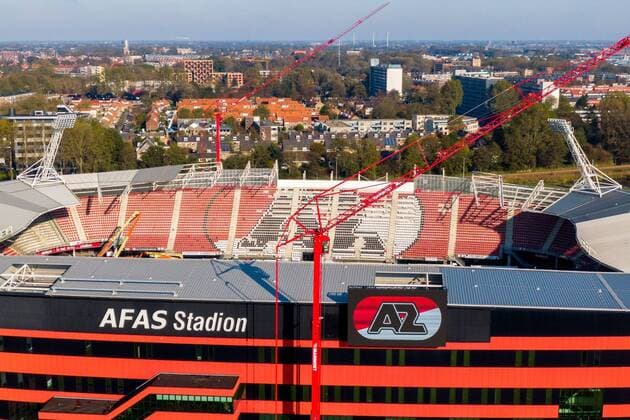 ALKMAAR, 30-10-2019, The collapsed roof at the AZ AFAS Stadium is getting repaired. A big section of the roof is removed in order te replace with new elements. Aerial photography. Taken with a drone or plane. AFAS Stadium from the air. AFAS Stadium AZ from the air  x5082720x Copyright: