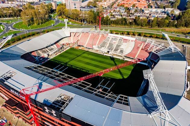 ALKMAAR, 30-10-2019, The collapsed roof at the AZ AFAS Stadium is getting repaired. A big section of the roof is removed in order te replace with new elements. Aerial photography. Taken with a drone or plane. AFAS Stadium from the air. AFAS Stadium AZ from the air  x5082734x Copyright: