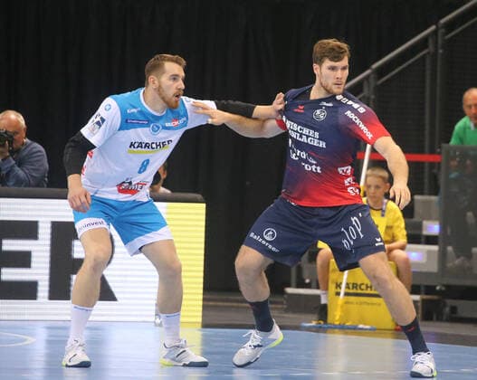 Handball TVB Stuttgart SG Flensburg Handewitt 02 11 2019 Germany Handball Bundesliga Men Season 2019 2020 TVB Stuttgart SG Flensburg Handewitt Nr 8 Rudolf Faluvegi Stuttgart, Nr 4 Jahanes Golla Flensburg Photo Herbert Rudel