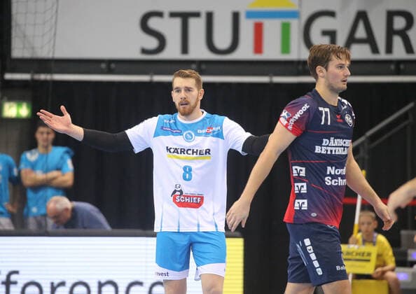 Handball TVB Stuttgart SG Flensburg Handewitt 02 11 2019 Germany Handball Bundesliga Men Season 2019 2020 TVB Stuttgart SG Flensburg Handewitt Nr 8 Rudolf Faluvegi Stuttgart, Nr 77 Rod Magnus Abelvik Flensburg Photo Herbert Rudel