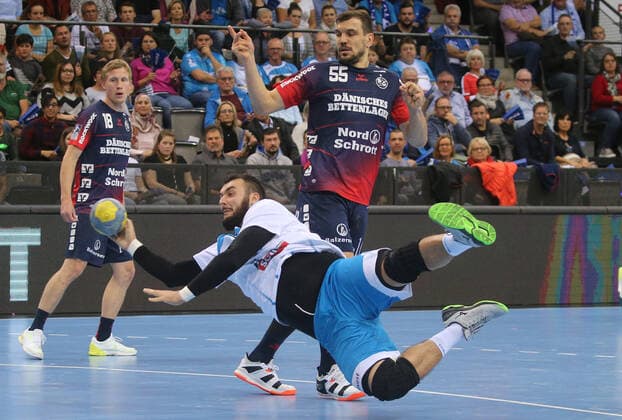 Handball TVB Stuttgart SG Flensburg Handewitt 02 11 2019 Germany Handball Bundesliga Men Season 2019 2020 TVB Stuttgart SG Flensburg Handewitt Nr 44 Zarko Peshevski Nr 55 Michal Jurecki Flensburg Stuttgart Photo Herbert Rudel