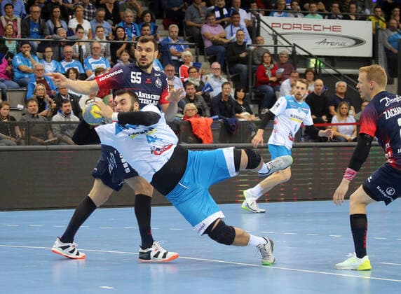 Handball TVB Stuttgart SG Flensburg Handewitt 02 11 2019 Germany Handball Bundesliga Men Season 2019 2020 TVB Stuttgart SG Flensburg Handewitt Nr 44 Zarko Peshevski Nr 55 Michal Jurecki Flensburg Stuttgart Photo Herbert Rudel